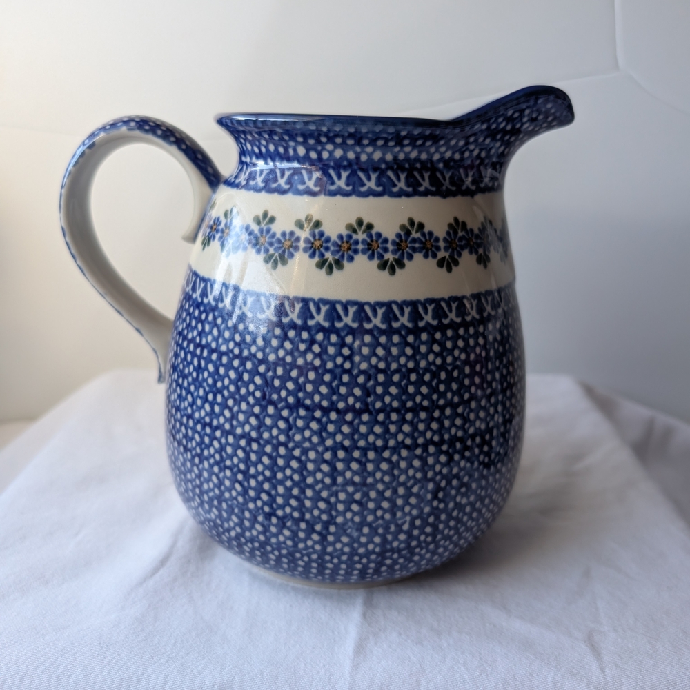 Polish Pottery Blue Floral Cream Ceramic Pitcher - Picture 3 of 9